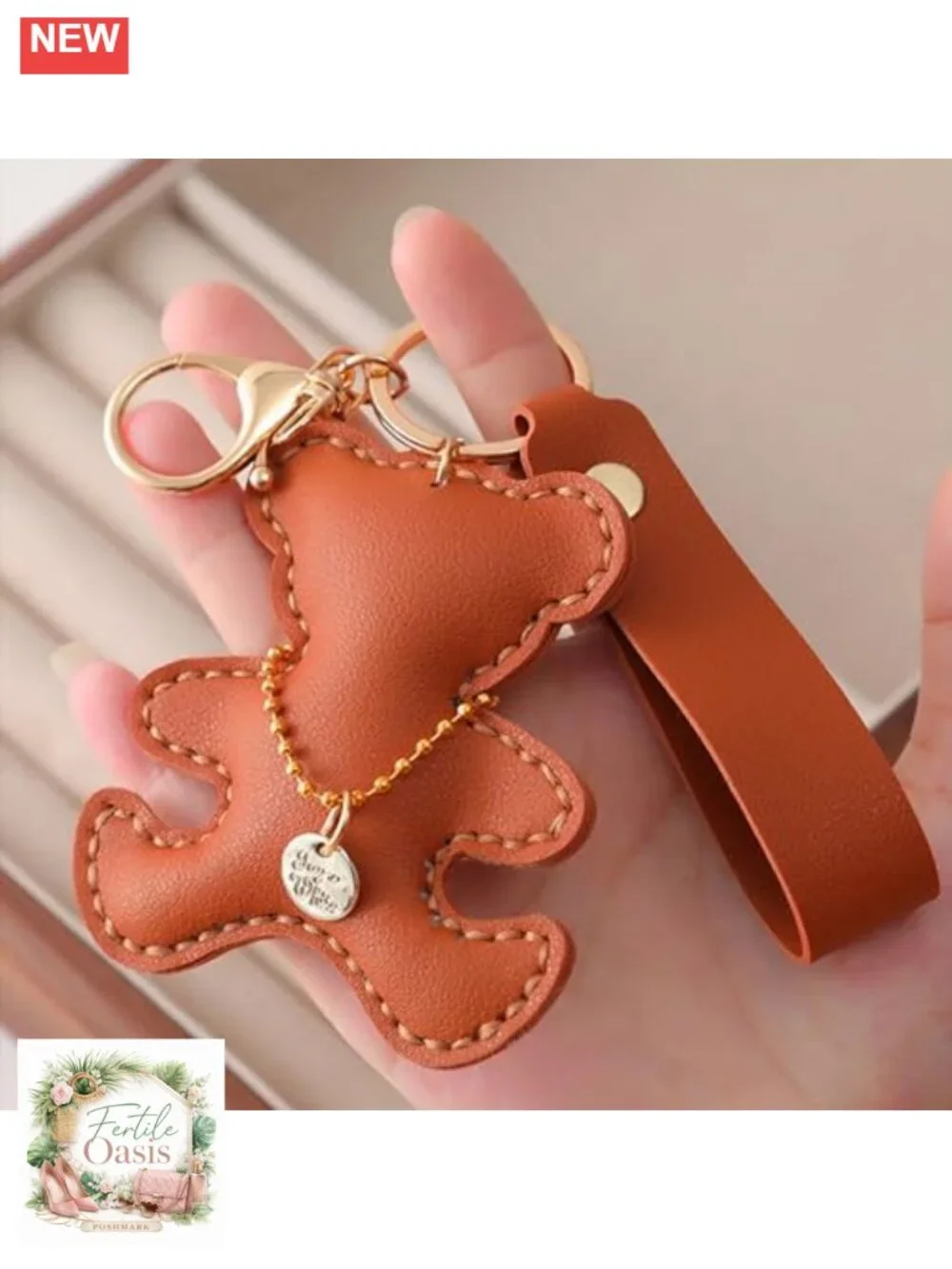 Hand-Sewn Faux Leather PU Bear Keychain Charm Purse Bag Accessory Car